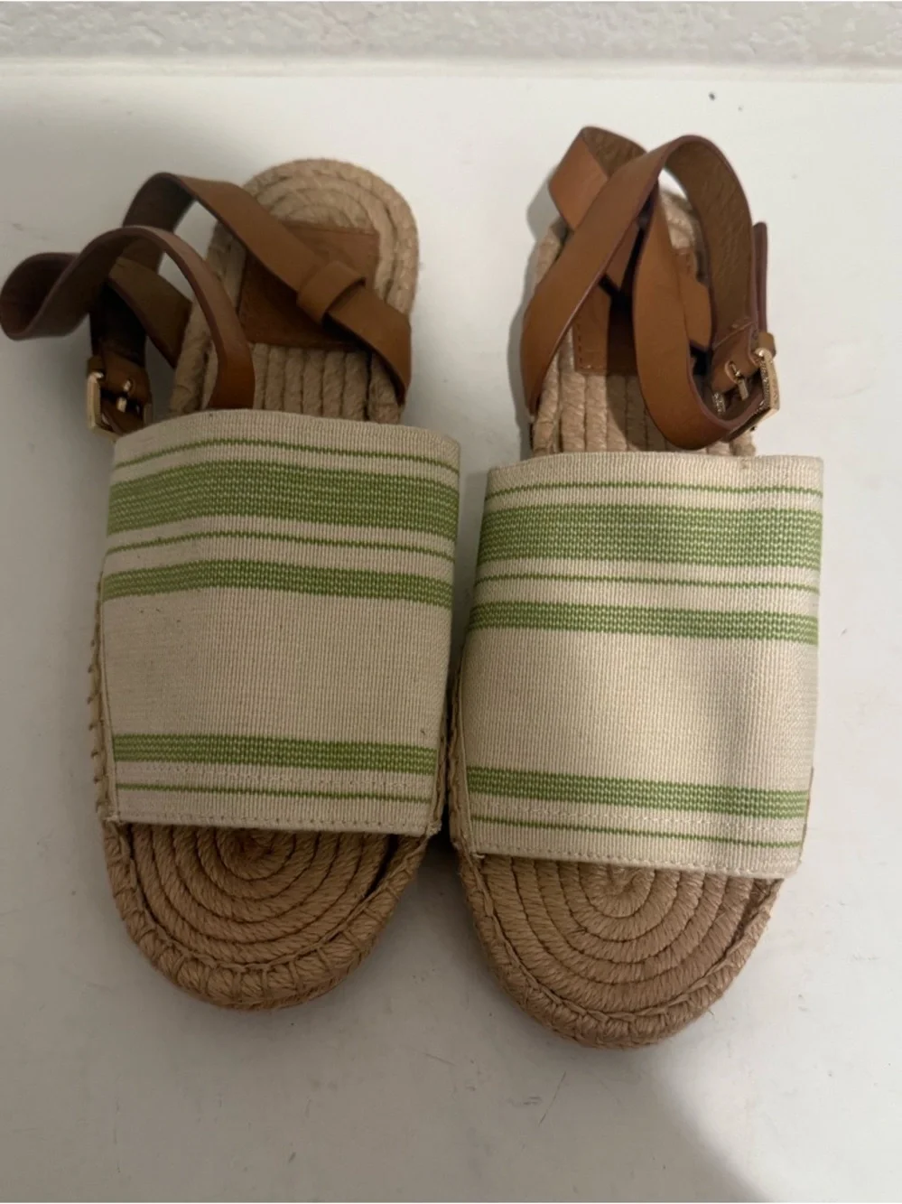 TORY BURCH Elastic Awning Stripe Espadrille Sandal Green Ivory Brown Size 6.5